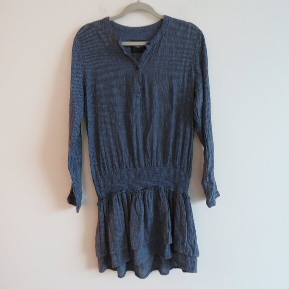 RAILS Juliette Salem Stripe Blue Linen Blend Tunic Mini Ruffle Dress - Size M - Picture 3 of 16
